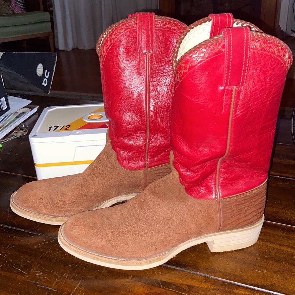 Custom ML Leddy Cognac Roughout Leather boot with Red Leather Shafts (Uppers) 9N